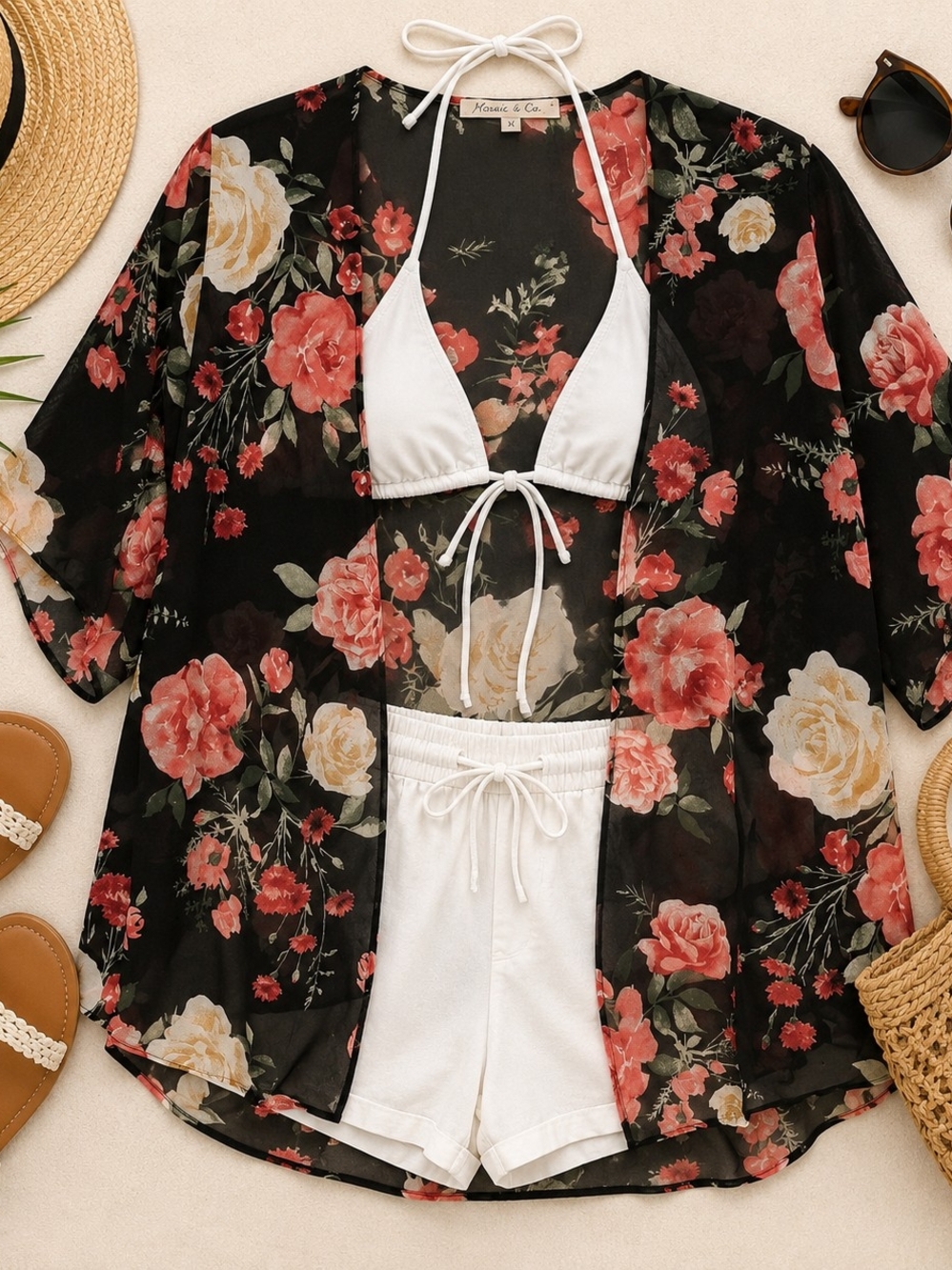 Heart Hips Floral Sheer Kimono Cover-Up | Size Medium | Black Floral Cardigan